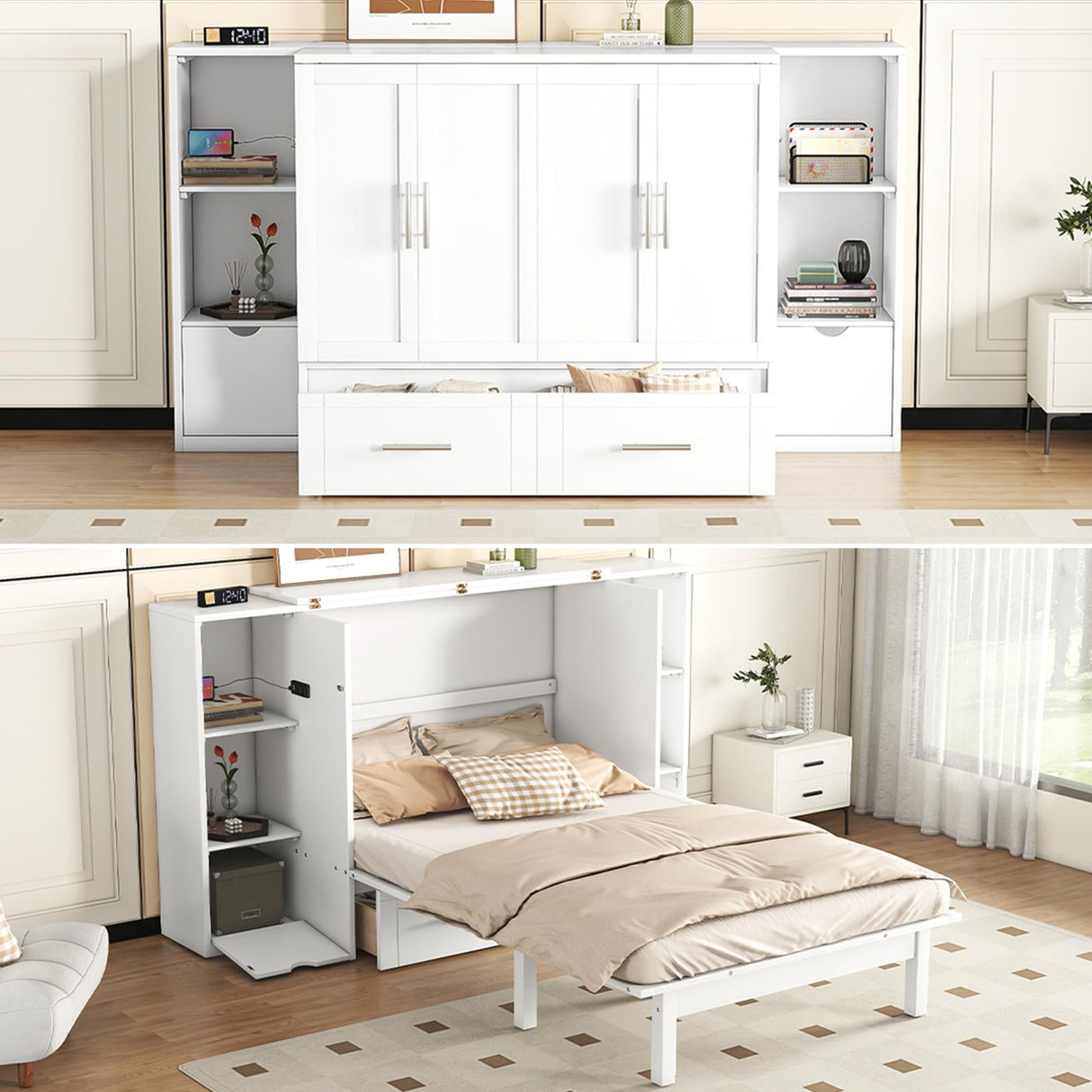 Queen Size Murphy Wall Bed with Storage, Bookcase Headboard, Solid Wood Cabinets, Shelves, Drawers and USB Ports, Multi-Function Platform Bed for Home Office, Guest Room (White) MERITLINE