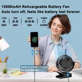 Portable Fan with Remote Control & Timer & LED Lights, 60hrs 12000mAh USB Rechargeable Battery Fan Could Clamp/Hanging/Stand Up, Small Clip on Fan for Baby Stroller, Bed, Desk, Camping Tent, Travel OUTERFAN