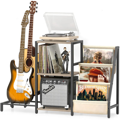 Bikoney Record Player Stand, Guitar Stand for Acoustic, Electric Guitar, Bass with Amp Stand, 3-Tier Vinyl Record Storage, Record Holder, Record Player Table for Living Room Bedroom White