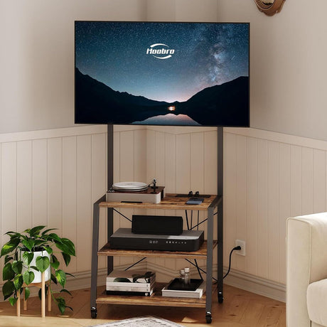 HOOBRO Rolling TV Stand with Mount and Power Outlet Up to 55 inch TV, Corner Entertainment Center, Small TV Stand with 3-Tier Storage Shelves for Living Room, Bedroom, Rustic Brown and Black BF66UDS01 HOOBRO