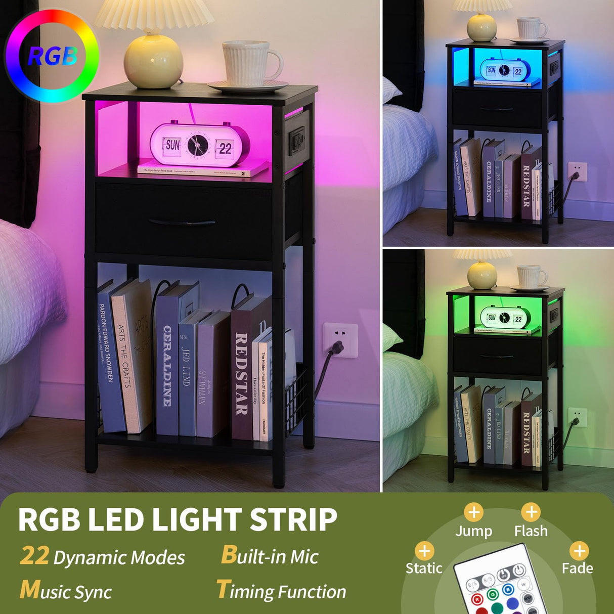 Yoobure Side Table - Night Stand with Charger Station & LED Light, 3 Tier Small End Table Living Room, Bedside Table with Drawer, Record Player Stand with Vinyl Storage, Black Nightstand for Bedroom Yoobure