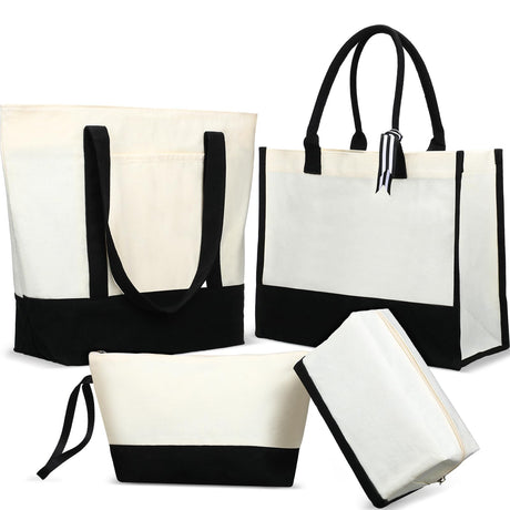 Sanwuta 4 Pack Sublimation Canvas Tote Bags DIY Canvas Makeup Bags Reusable Grocery Bags with Handles Cosmetic Bag(Black White) Sanwuta