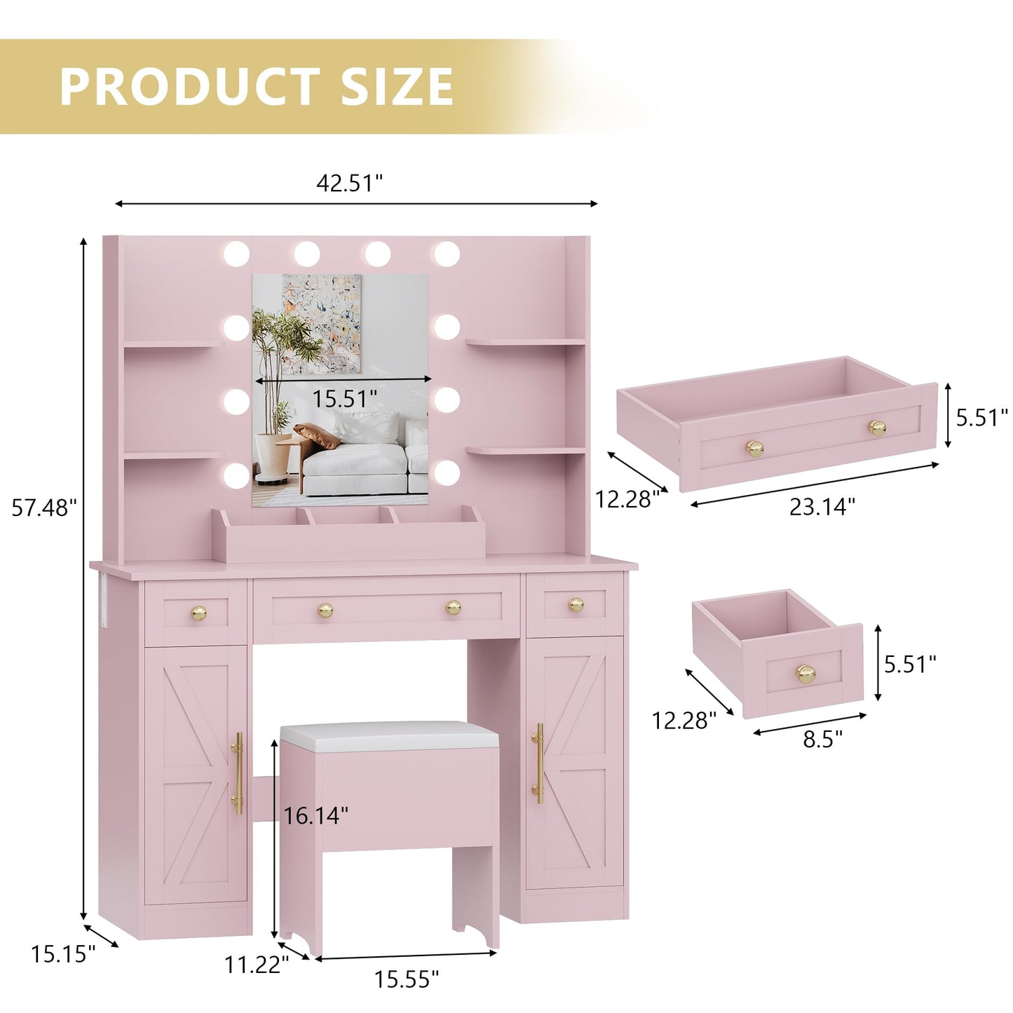 Vanity Makeup Desk with Mirror and Lights, Farmhouse Vanity Table Set with Storage Drawers, Charging Station & Chair, 43" Large Rustic Dressing Table, 3 Lighting Modes for Women Girls Bedroom, Pink