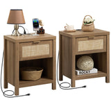 SICOTAS Rattan Nightstand Set of 2, Farmhouse Night Stands with Charging Station Bedside Table with Drawer, Boho End Table with USB and Type-C Ports for Bedroom Small Space, Oak Wood SICOTAS