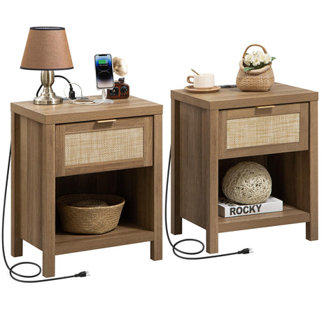 SICOTAS Rattan Nightstand Set of 2, Farmhouse Night Stands with Charging Station Bedside Table with Drawer, Boho End Table with USB and Type-C Ports for Bedroom Small Space, Oak Wood SICOTAS
