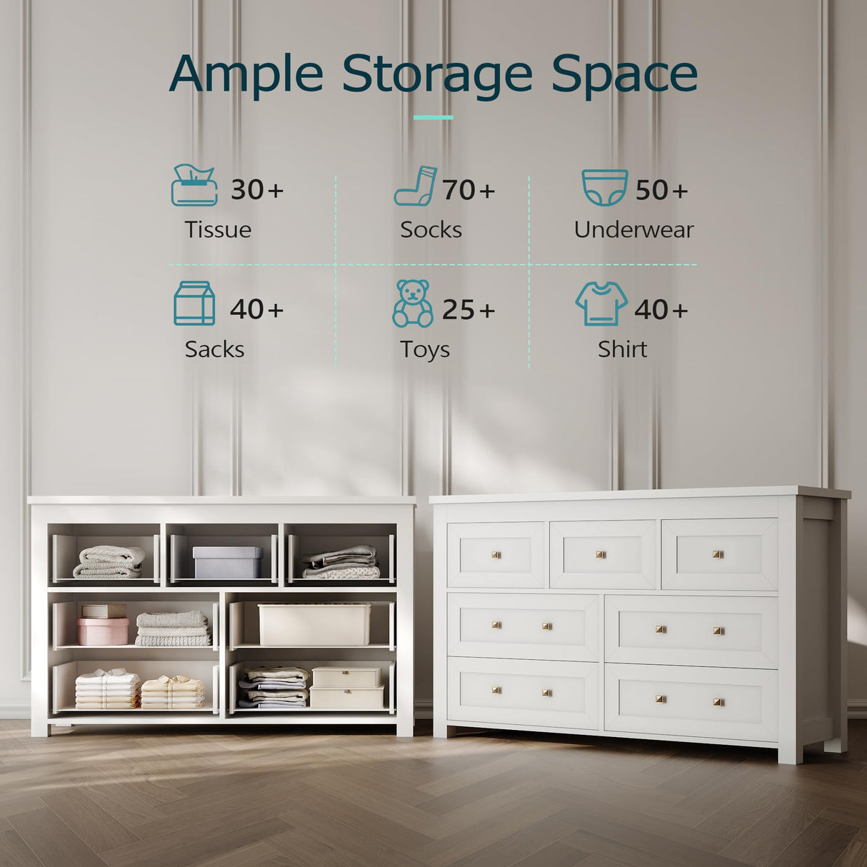 Dresser for Bedroom with 7 Drawers, Farmhouse Wood Chest of Drawers, Wide TV Stand Closet Storage Furniture with Metal Handle, Modern Clothes Organizer for Hallway, Living Room, Entryway, White Xixini