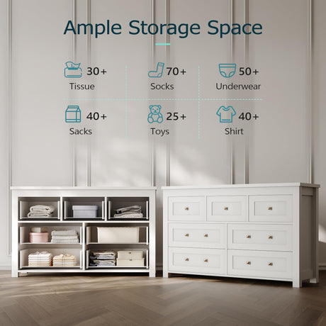 Dresser for Bedroom with 7 Drawers, Farmhouse Wood Chest of Drawers, Wide TV Stand Closet Storage Furniture with Metal Handle, Modern Clothes Organizer for Hallway, Living Room, Entryway, White Xixini