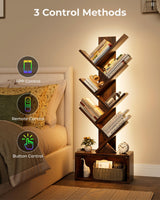 Evermagin 6 Tier Tree Bookshelf with Lights, LED Book Tree Bookshelf with Storage Organizer, Small Corner Bookcase Floor Standing Book Shelf for Living Room, Bedroom & Home Office, Rustic Brown Evermagin
