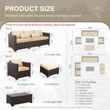 Rattan Star 6 Pieces Patio Outdoor Furniture Outdoor Conversation Sets Wicker Sofa Set with Outdoor Couch Patio Chairs Storage Coffee Table Khaki Cushions Waterproof Covers Rattan Star