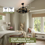 Industrial Caged Ceiling Fan with Lights, 27" Farmhouse Fandelier with Remote Control, 6-Speed Quiet Reversible Motor, E12 Base, Rustic Black and Wood Finish, No Bulbs Included Fansconce