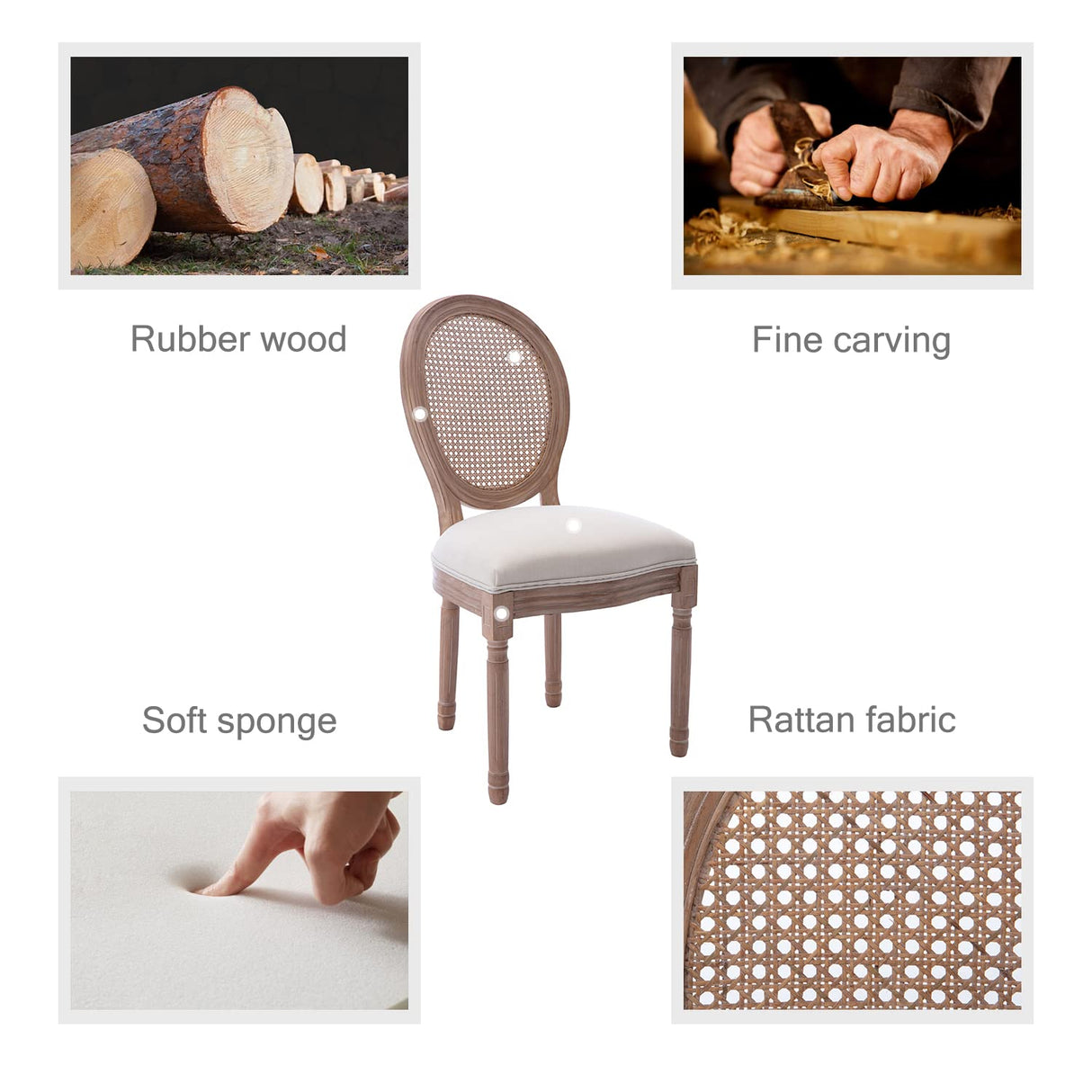 Kiztir French Country Dining Chairs Set of 4, Farmhouse Dining Chairs with Round Backrest, Upholstered Rattan Dining Chair with Solid Wood Leg for Dining Room Bedroom Kitchen Restaurant Kiztir