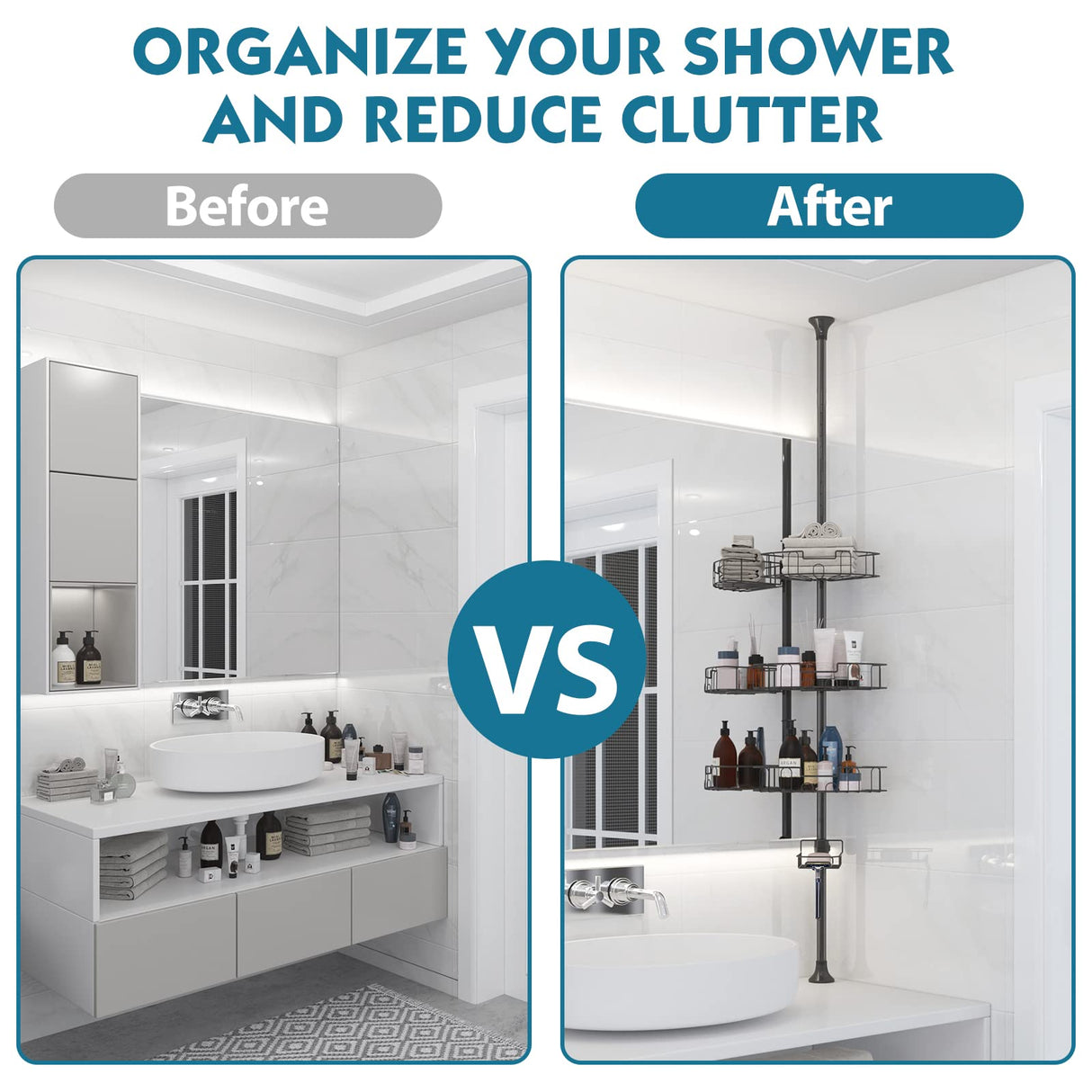 YeYeBest Rustproof Shower Corner Caddy for Bathroom, 4 Adjustable Baskets, 39-125 Inch Corner Shower Organizer with Tension Pole for Shampoo Accessories, Black YeYeBest