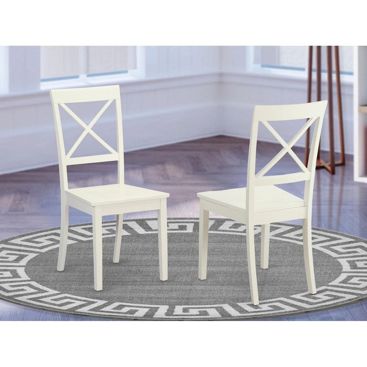East West Furniture Boston Dining Room Cross Back Solid Wood Seat Chairs, Set of 2, Linen White East West Furniture