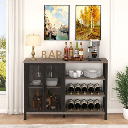 BON AUGURE Industrial Home Bar Cabinet with Wine Rack, Rustic Liquor Cabinet Bar for Home, Coffee Bar Cabinet with Storage (47 Inch, Grey Oak)