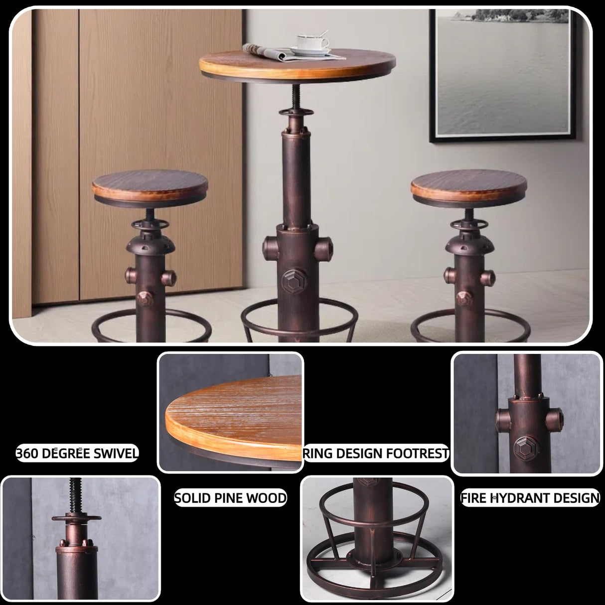 BOKKOLIK Industrial Bar Table Swivel Round Wooden Top Height Adjustable 38.6-44.4inch Vintage Kitchen Dining Chair Coffee Table Hydrant Design Bistro Table BOKKOLIK