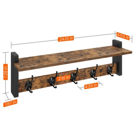 Homode Coat Rack with Shelf Wall Mount, 24 Inch Long Entryway Wall Shelf with Hooks, Wood Hanger with Storage Shelf for Bathroom, Hallway, Rustic Brown Black Homode