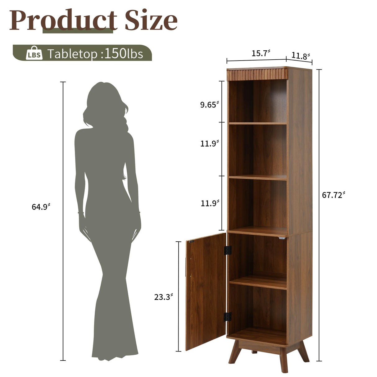 Bifins 68" Tall Bathroom Storage Cabinet,Narrow Fluted Tower Cabinet with Door and Shelves,Slim Space Saving Storage Unit for Bathroom Kitchen Living Room (Walnut, 11.8" D x 15.75" W x 68" H) Bifins