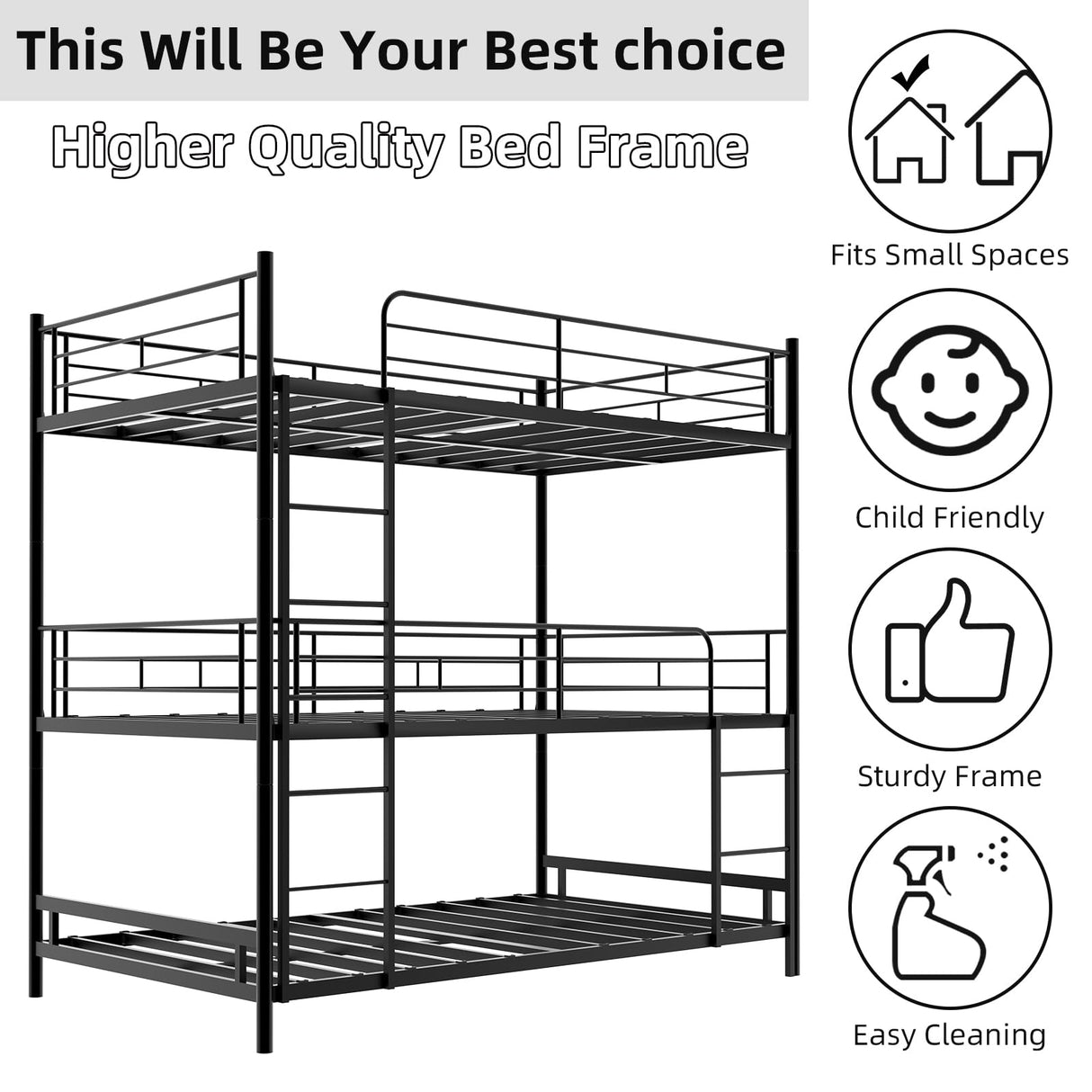 QSOSTNS Metal Triple Bunk Bed, Twin Over Twin Bunk Bed Frame with Side Ladder and Safety Fence, Suitable for Bedrooms, No Box Spring Required, Teens & Adults Bunk Bed, Metal Bunkbeds QSOSTNS