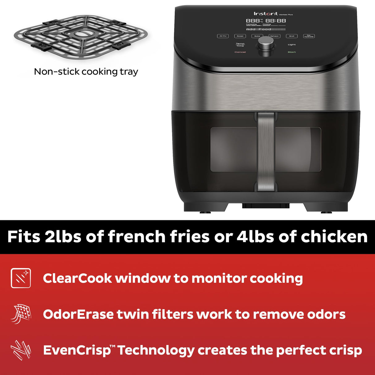 Instant Vortex Plus 6QT Air Fryer with Odor Erase Technology, 6-in-1 Functions that Crisps, Roasts, Broils, Dehydrates, Bakes & Reheats, 100+In-App Recipes, from the Makers of Instant Pot,1700W,Black Instant Pot