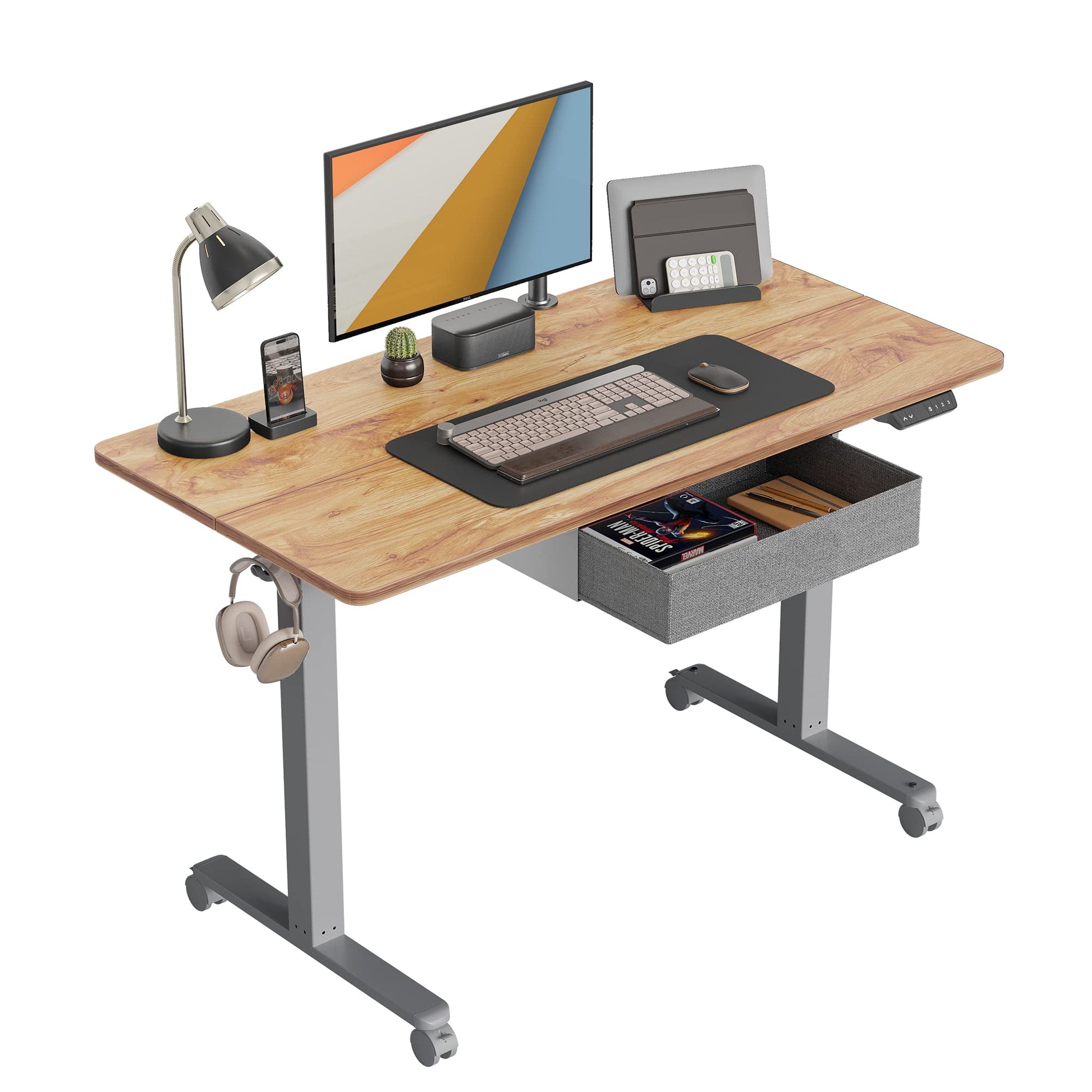 CubiCubi Standing Desk with Drawer, 48" x 24" Electric Height Adjustable Sit Stand Desk, Ergonomic Home Office Computer Workstation, Gray Frame Light Rustic Brown Top - WoodArtSupply