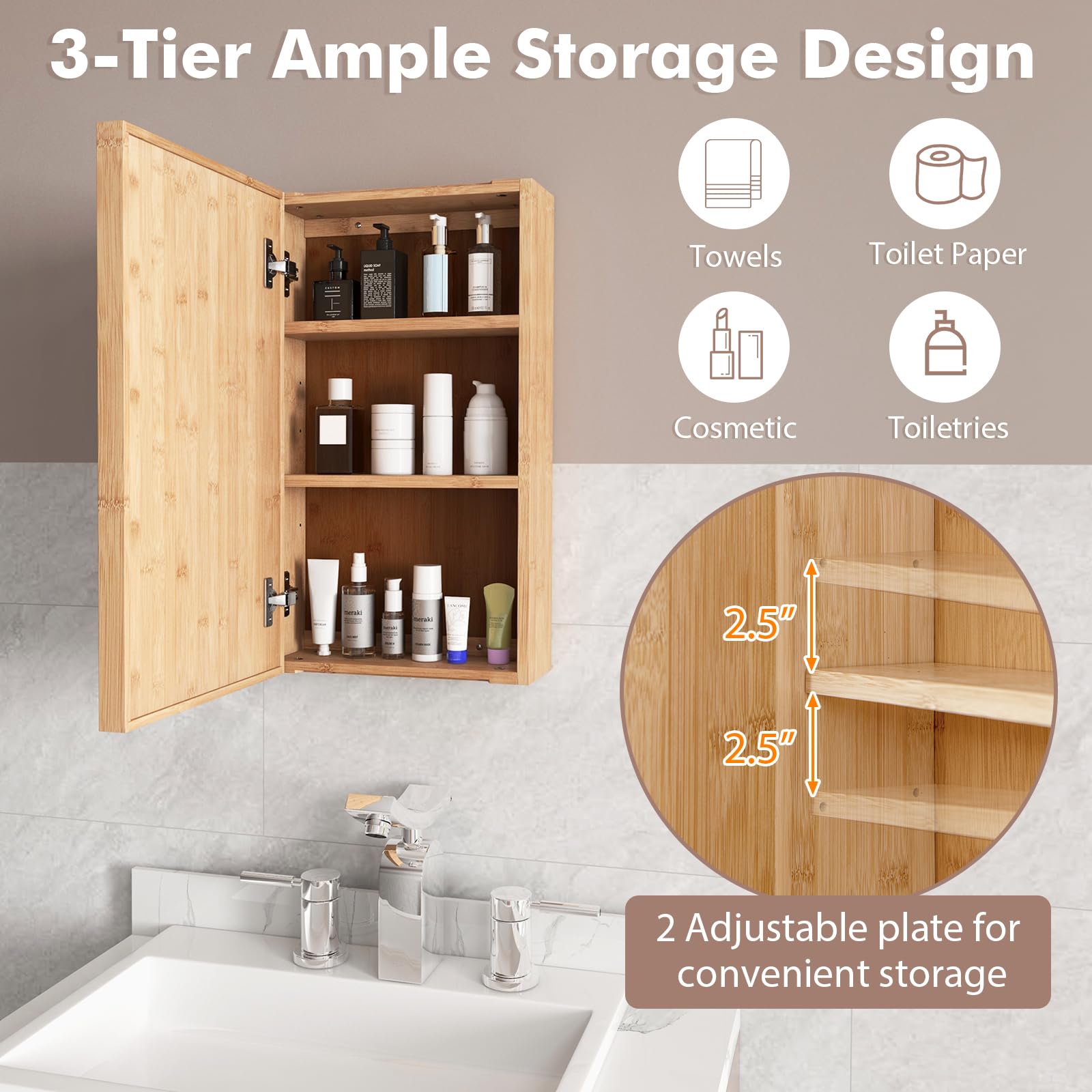 Tangkula Bathroom Medicine Cabinet, Wall Mounted Bamboo Bathroom Cabinet with Single Mirror Door, 2 Adjustable Shelves, Hanging Wall Mirror Storage Cabinet for Bathroom Laundry Room Entryway  - WoodArtSupply