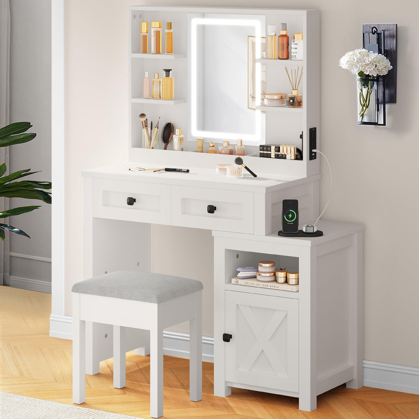 YITAHOME Farmhouse Vanity Desk with Mirror and Lights, Makeup Vanity Table with 2 Drawers & Shelves storage, Vanity Set for Bedroom, includes Stool, Adjustable Lighting, White