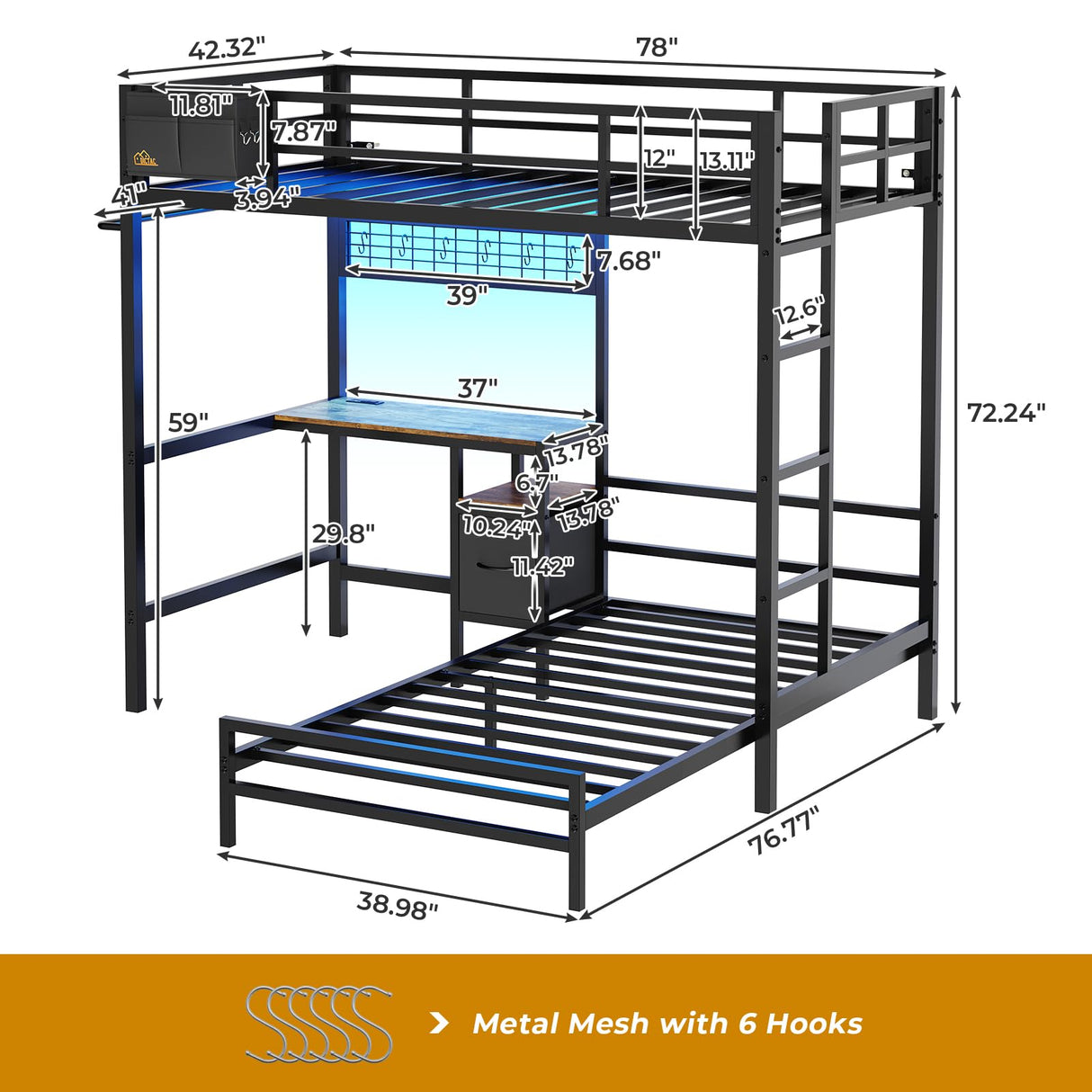 DICTAC Bunk Bed Twin Over Twin Size with Desk and Charging Station L-Shaped Metal Bunk Bed with Led Lights & Storage Shelves and Drawers Twin Size Loft Bed for Teen,Safety Guardrail and Ladder,Black DICTAC