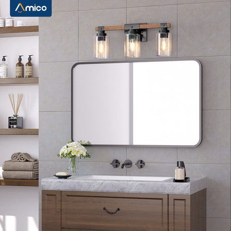 Amico 3-Light Farmhouse Vanity Light Fixture, Rustic Wood Bathroom Light Fixtures, Industrial Vintage Black Wall Sconces Light with Bubble Glass Shade for Mirror, Bedroom, Living Room, Hallway Amico