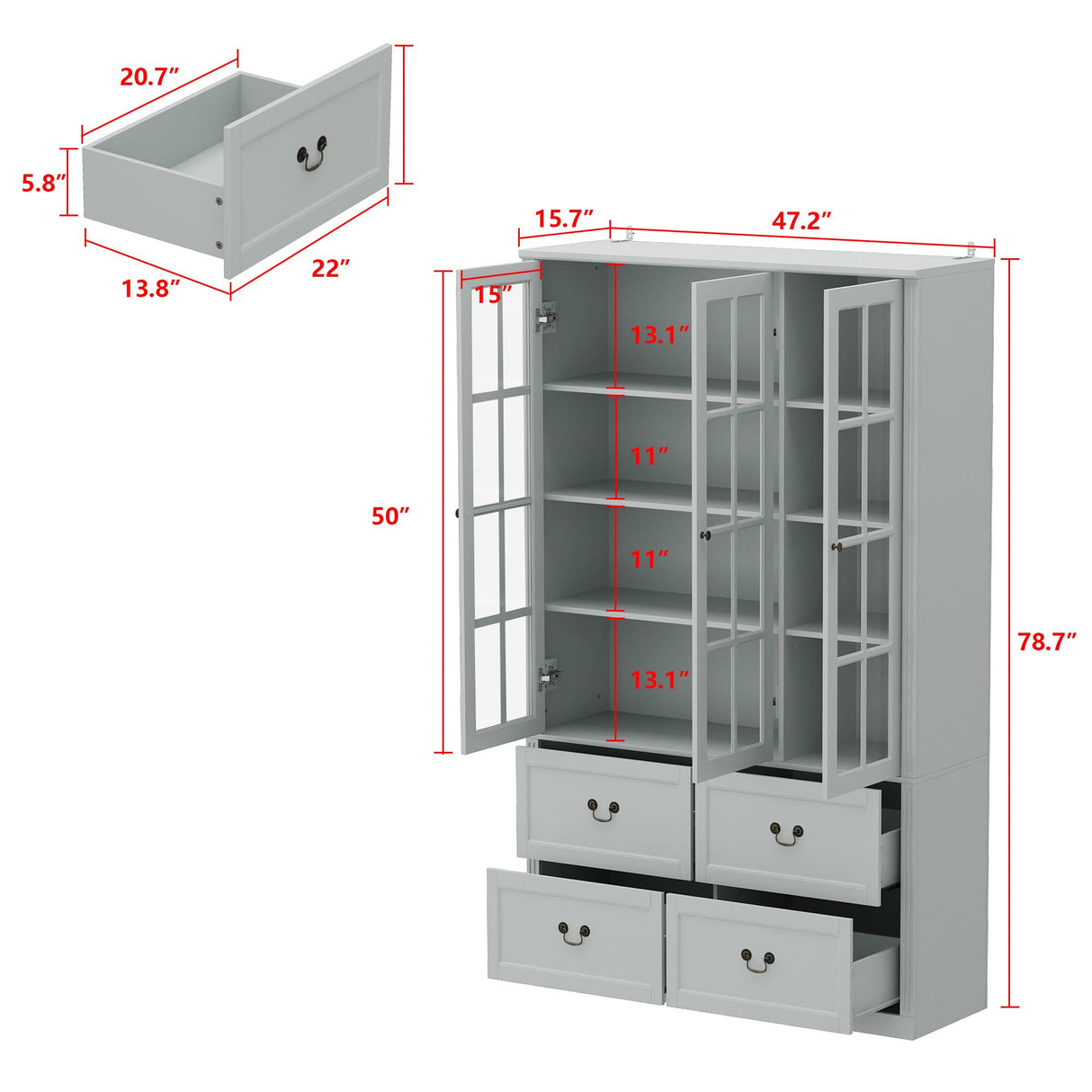 Homsee 78.7" H Bookcase Bookshelf with 8-Tier Shelves, 4 Drawers & 3 Glass Doors, Wooden Display Storage Cabinet for Home Office, Living Room, Green Grey Homsee