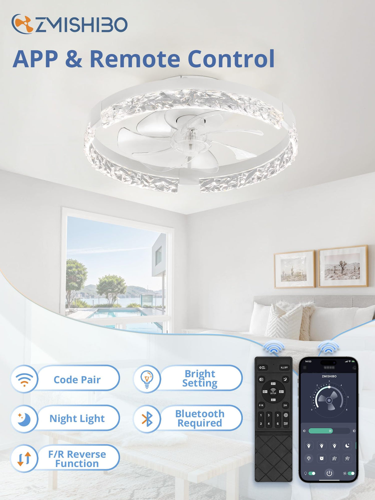 ZMISHIBO Ceiling Fans with Lights and Remote, 18 Inch Flush Mount Fan Light, 6 Speeds, 3CCT, Dimmable, Low Profile Ceiling Fan, Modern Ceiling Fan with Light for Bedroom and Living Room, White ZMISHIBO