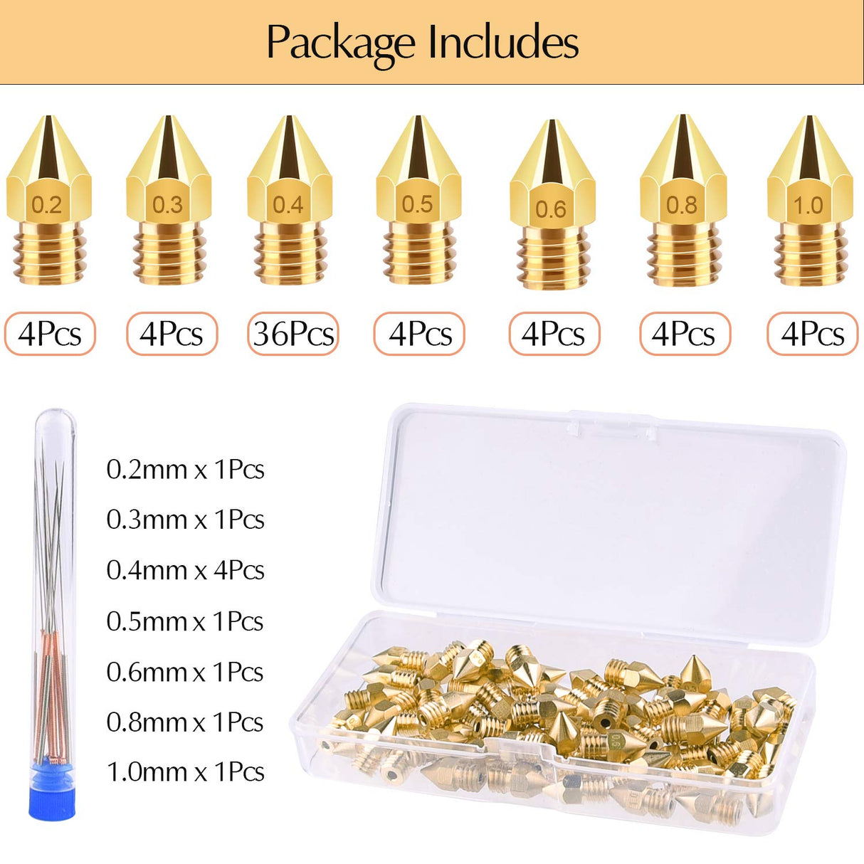 TUPARKA 70Pcs 3D Printer Nozzle Kit MK8 Extruder Nozzles Brass Print Head 0.2mm, 0.3mm, 0.4mm, 0.5mm, 0.6mm, 0.8mm, 1.0mm with Storage Box Compatible with 3D Printer Makerbot Creality CR-10 Ender 3 5 TUPARKA
