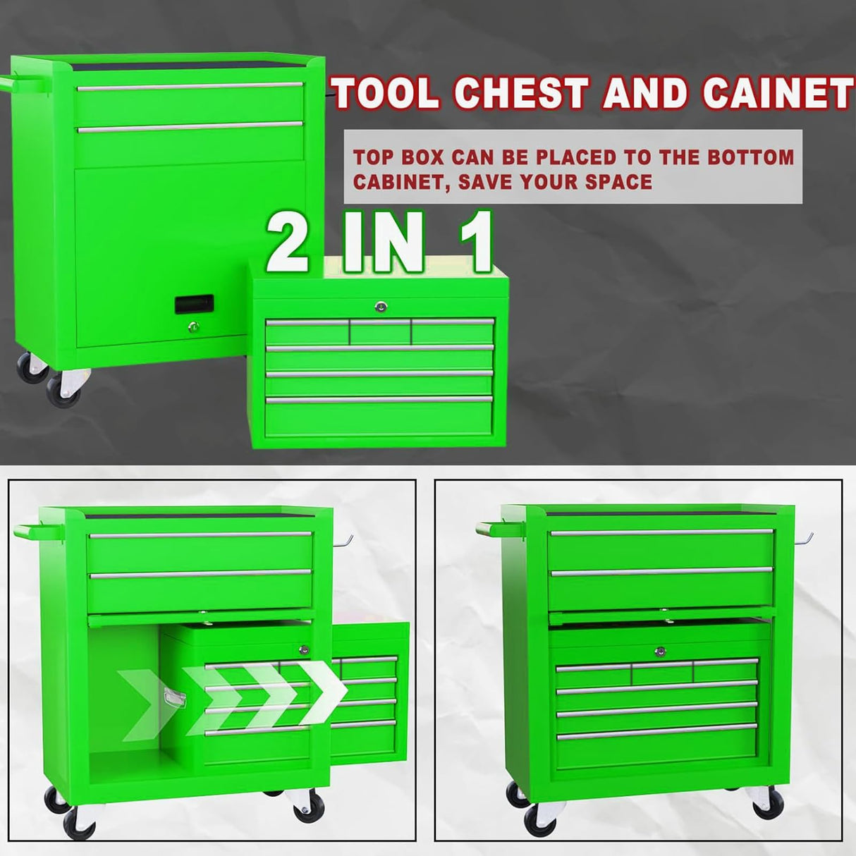 Dawmilon Tool Chest, 8-Drawer Rolling Tool Storage Cabinet with Wheels, Detachable Top Tool Box, and Locking Mechanism, Metal Tool Cart with Liner and 6 Hooks for Garage, Workshop, Green Dawmilon