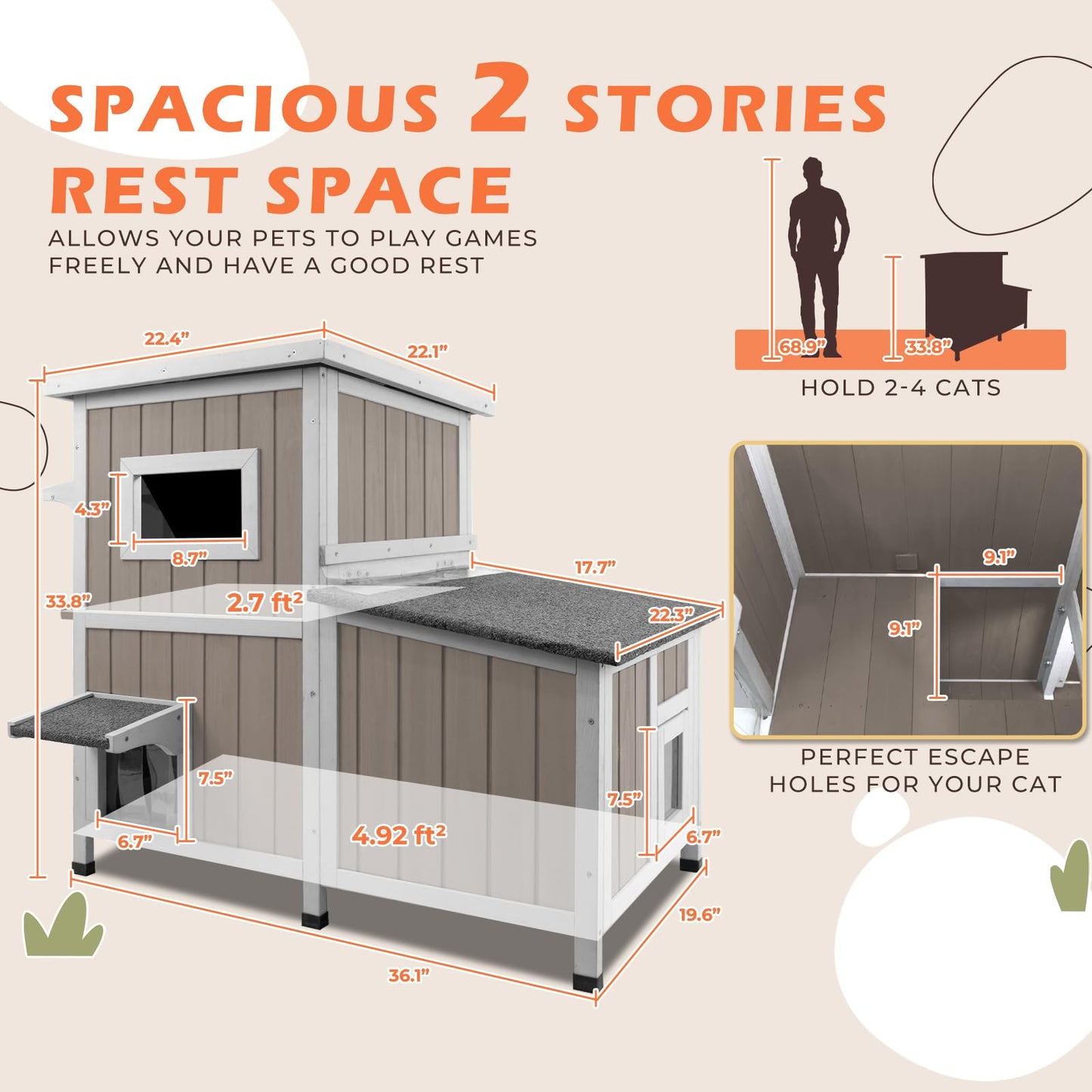 Gowoodhut 36.1" L Outdoor Cat House,2 Story Wooden Outdoor Cat Shelter with 3 Escape Doors,Weatherproof Fir Wood Feral Cat House with 2 Big Rest Room & Openable Asphalt Roof for 2-3 Cats