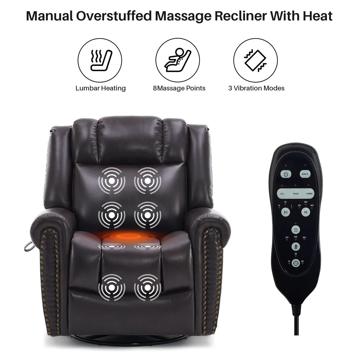 SOFTHION Swivel Rocker Recliner Chair, Leather Massage Vibration Heat Traditional Manual Recliner for Adults, Single Sofa for Living Room, Bedroom Home Theater Seating, Glider, Brown SOFTHION