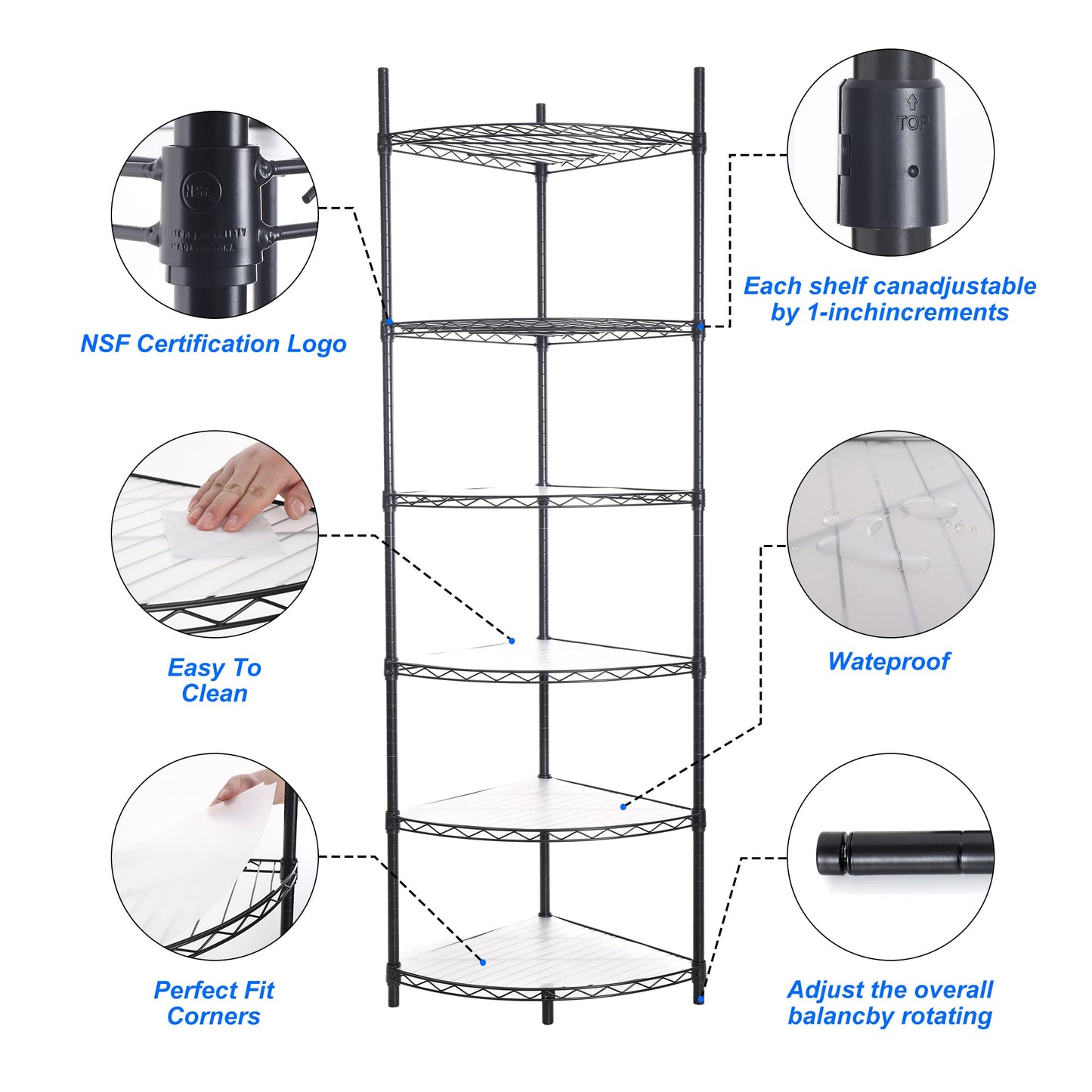 6 Tier NSF Metal Corner Shelf Wire Shelving Unit, 420lbs Capacity Heavy Duty Adjustable Storage Rack with Shelf Liners for Closet Kitchen Bathroom Garage Basement, 72" H x 18" L x 18" D - Black