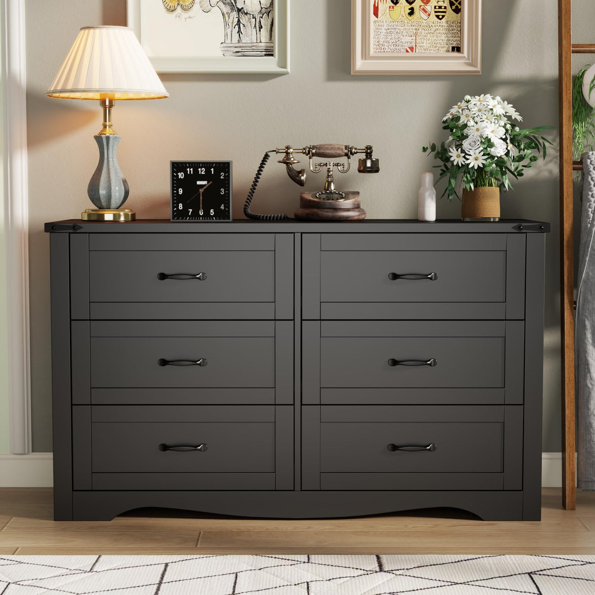 Loomie Farmhouse 6 Drawers Double Dresser for Bedroom, Modern White Dresser Chest of Drawers, Wide Dressers Organizer, Accent Storage Cabinet for Closet, Living Room, Hallway, Black Loomie