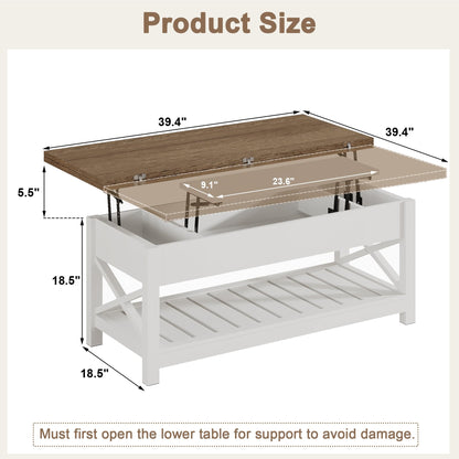 ChooChoo Farmhouse Lift Top Coffee Table, Multi-Function Convertible Coffee Table with Storage and Hidden Compartment, Coffee Table Converts to Dining Table for Living Room, 40 White & Brown - WoodArtSupply