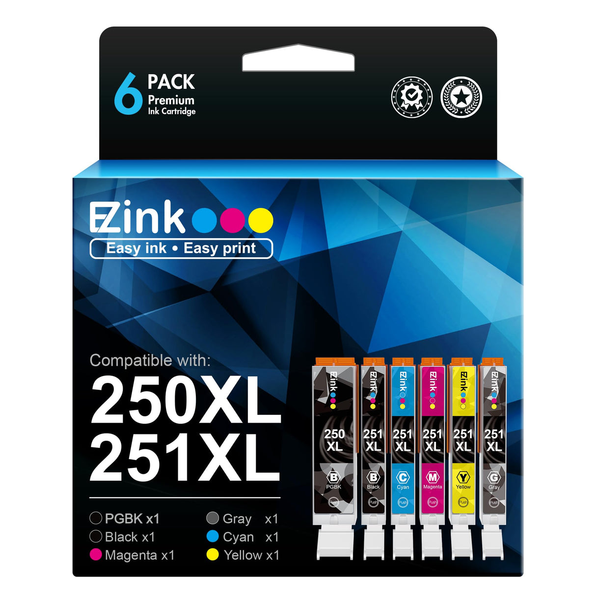E-Z Ink Compatible Ink Cartridge Replacement for Canon PGI-250XL PGI 250 XL CLI-251XL CLI 251 XL to use with Pixma IP8720 (1 Large Black, 1 Cyan, 1 Magenta, 1 Yellow, 1 Small Black,1 Gray) 6 Pack E-Z Ink