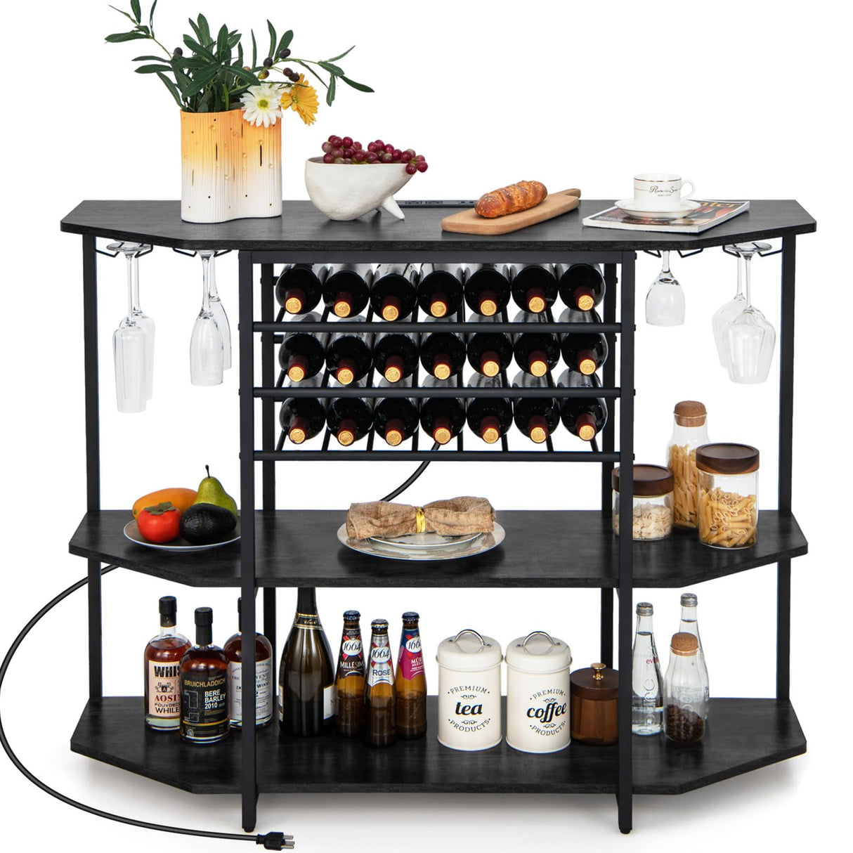 COSTWAY Rustic Grey 3-Tier Wine Bar Cabinet with Charging Station and Ample Storage COSTWAY