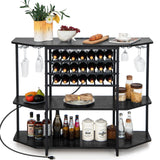 COSTWAY Rustic Grey 3-Tier Wine Bar Cabinet with Charging Station and Ample Storage COSTWAY