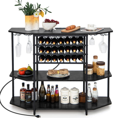 COSTWAY Wine Bar Cabinet, 3-Tier Liquor Cabinet with Power Outlets, Wine Bottle Racks, Glass Holders, Coffee Bar Cabinet, Freestanding Mini Bar Table for Kitchen, Dining Room, Pub (Rustic Grey)