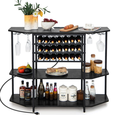 COSTWAY Rustic Grey 3-Tier Wine Bar Cabinet with Charging Station and Ample Storage COSTWAY