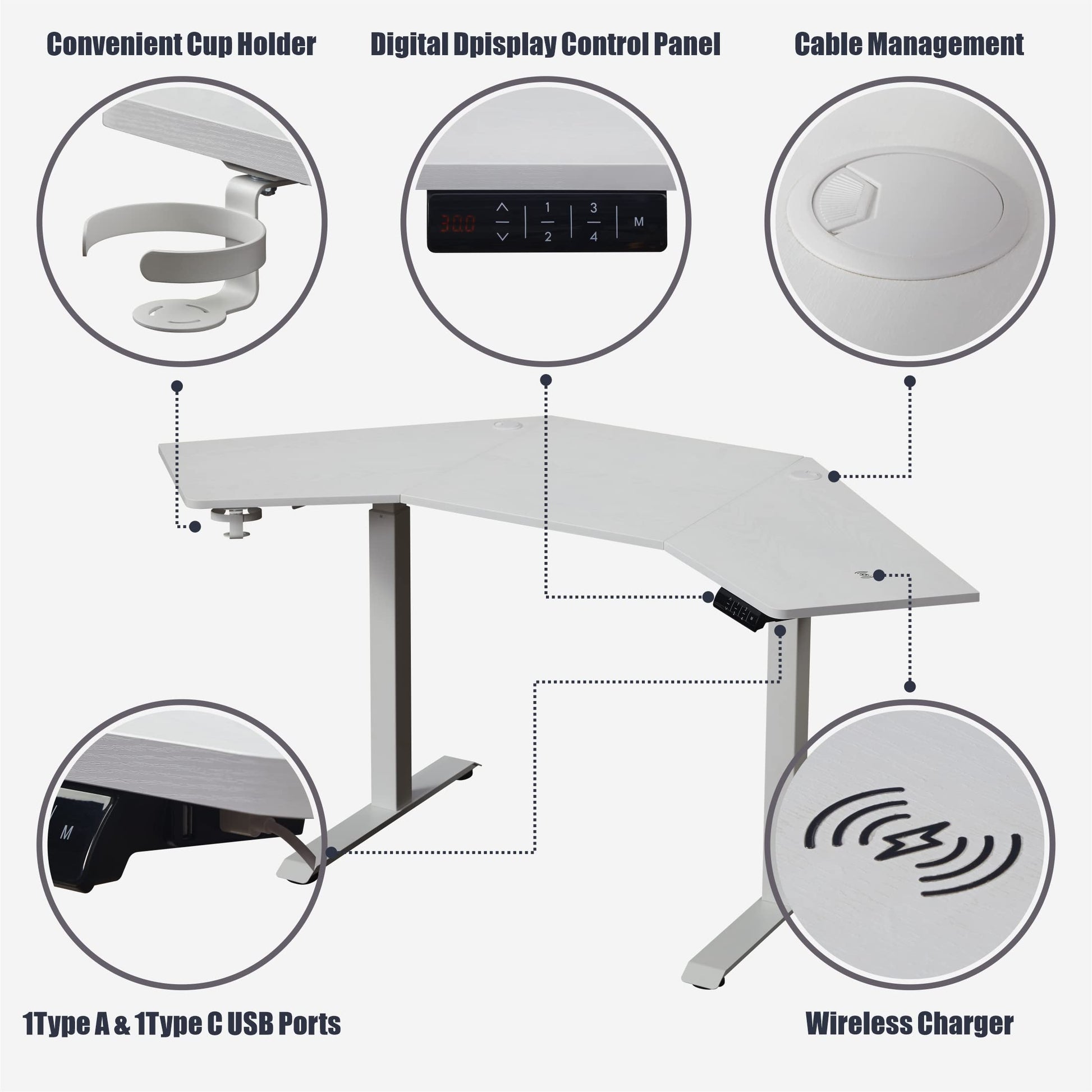 kowo L Shaped Height Adjustable Electric Standing Desk with USB C Hub & Wireless Charger, Sit Stand Corner Desk, Memory Settings, Stand Up Computer Desk Adjustable Table, White - WoodArtSupply