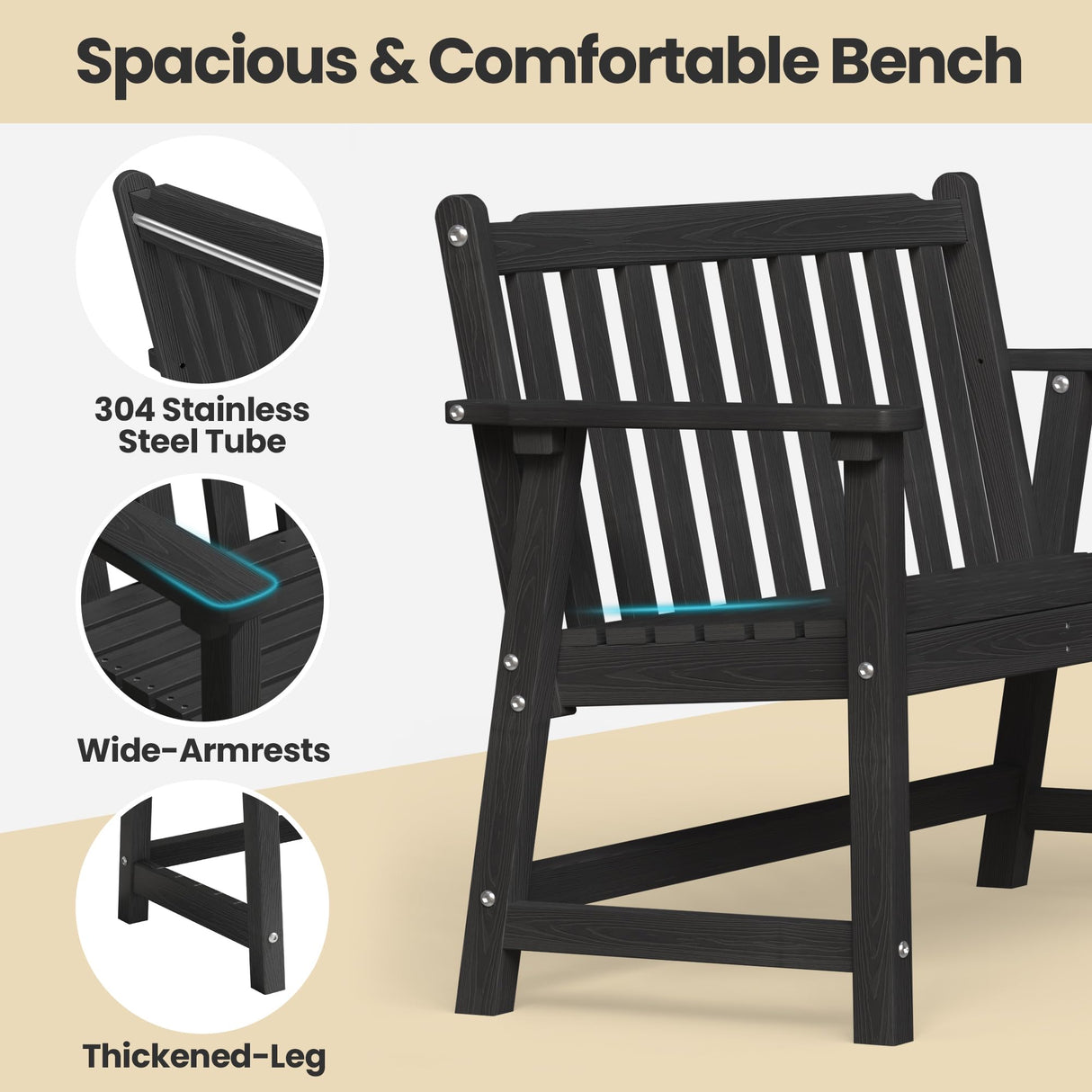 Ciokea 44" Outdoor Bench, HDPE Weatherproof Garden Bench, 2-Person Porch Benches with 550 Lbs, Waterproof Patio Benches for Outside Balcony Deck Backyard, Black Ciokea