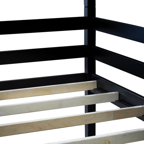 Hommoo Triple Bunk Bed Twin Over Twin Over Twin Wood Bed Frame Convertible Loft Bed for 3 Teens Adults with Ladder and Guardrail for Small Space Bedroom Dorm Black Hommoo