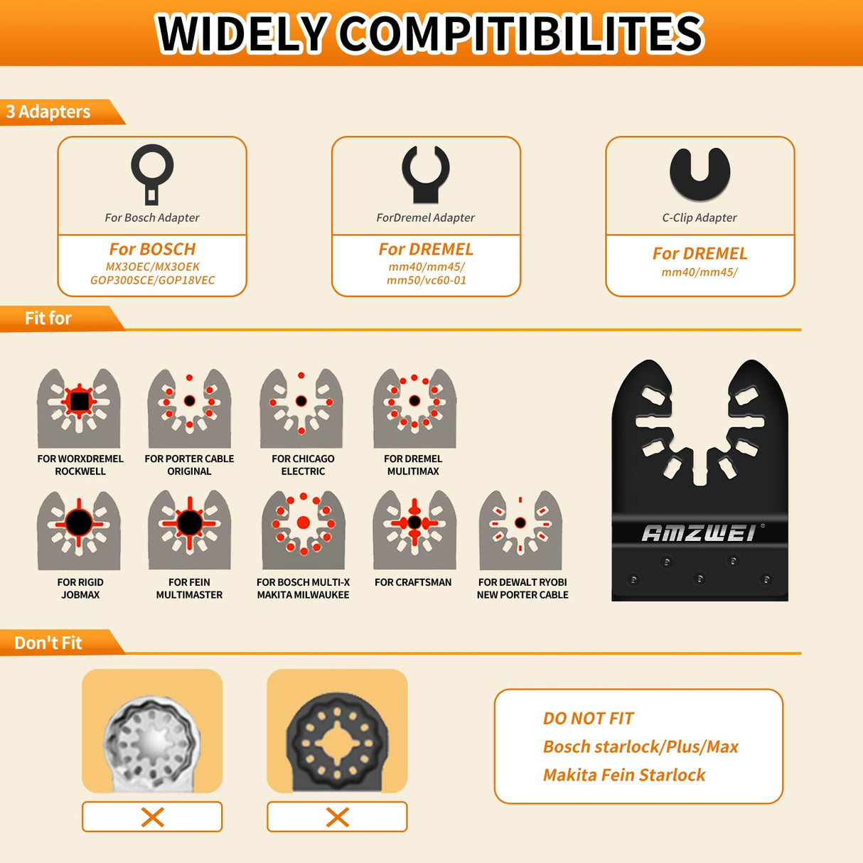 AMZWEI 50PCS Multi Tool Blade Kits, Professional Titanium Oscillating Tool Blades for Metal, Wood, Plastic, Curved Edge Oscillating Saw Blades Compatible with Dewalt Milwaukee Ryobi Rockwell Fein AMZWEI