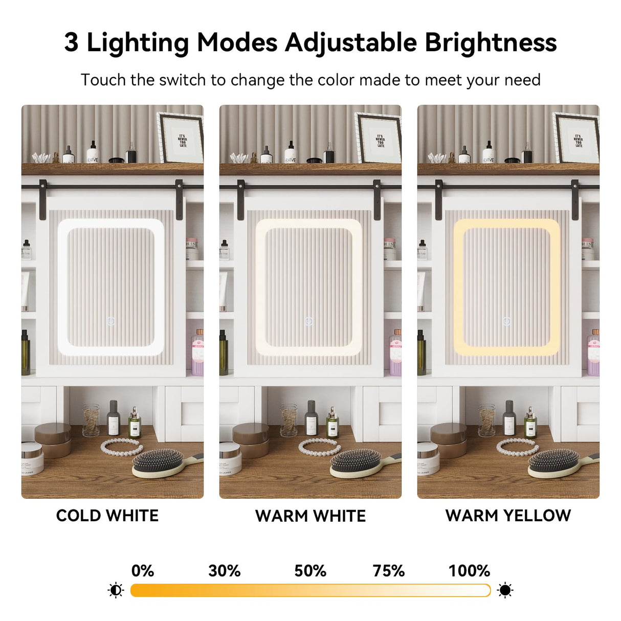 ARTETHYS Vanity Desk with Slide Mirror and Lights Farmhouse Makeup Vanity Set with Chair Small Dressing Table with Drawer for Bedroom, White and Brown ARTETHYS