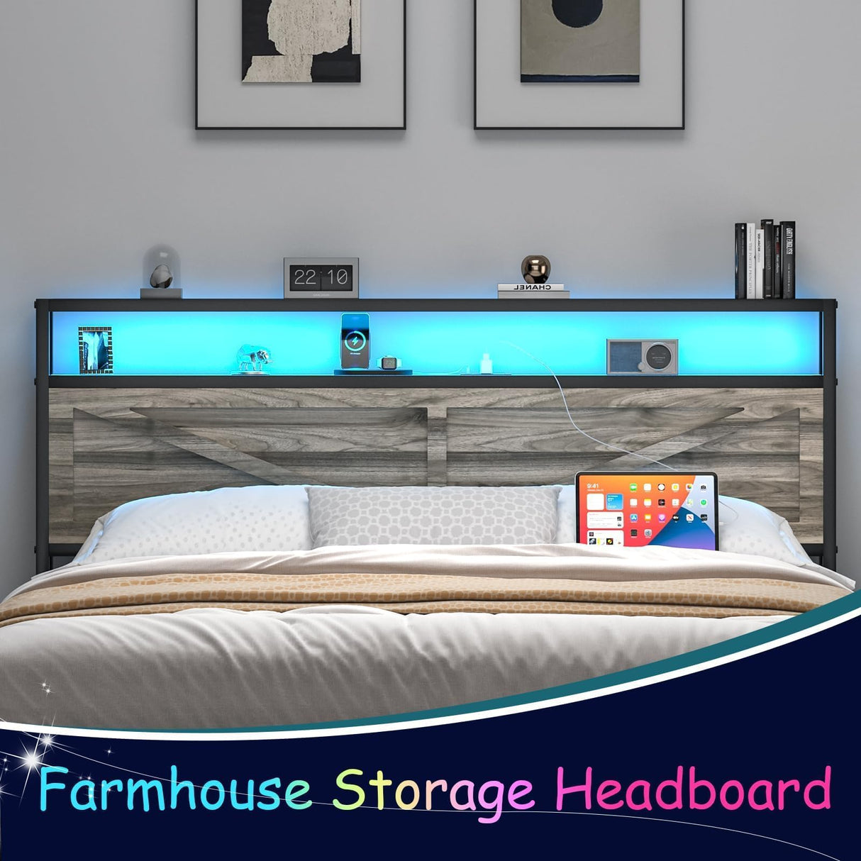 Full Size Bed Frame, Full Bed Frames with LED Lights and Charging Station, Farmhouse Platform Bed with Storage Headboard, Rustic Barn Door Design, Noise Free, No Box Spring Needed, Wash Grey CHABUILDREARK