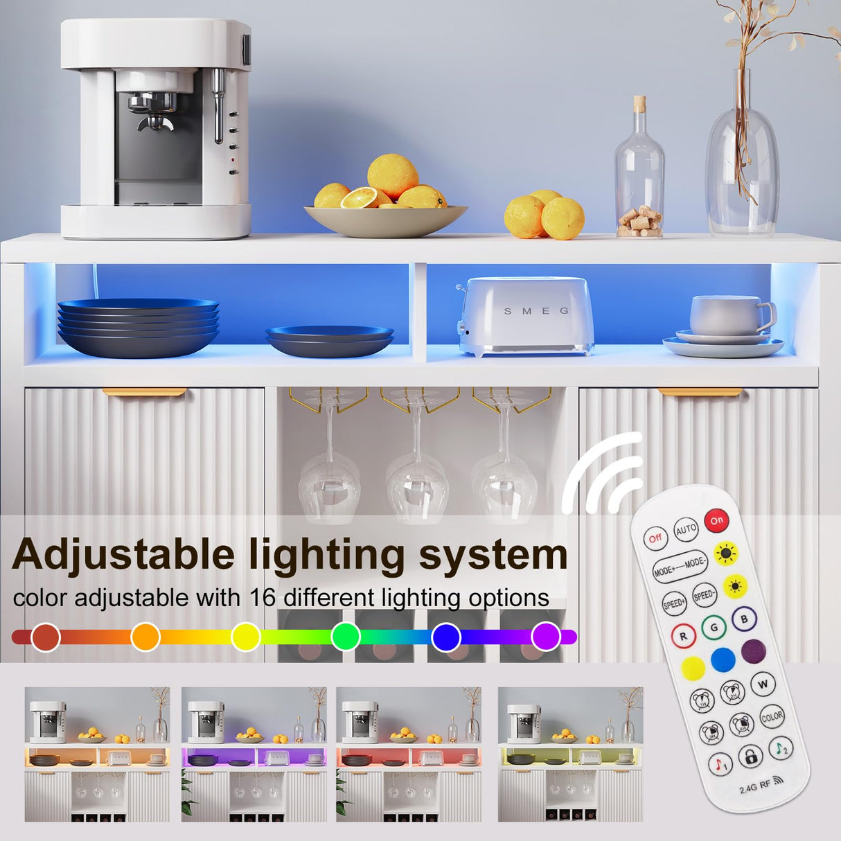 Fluted Home Bar Wine Cabinet with LED Light, Charging Station, Wine Rack - Buffet Cabinet with Storage, Coffee Bar Table, Stylish Fluted Credenza Cabinet for Modern Home Kitchen 47.2" White Svimi