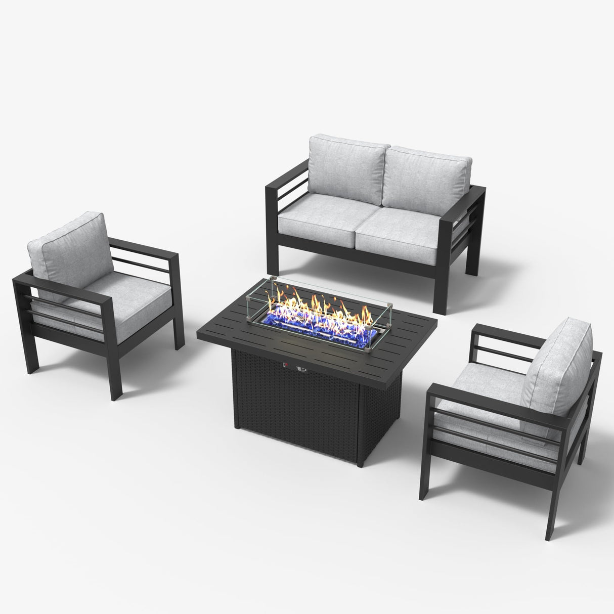 LayinSun Aluminum Furniture Set with Fire Pit Table, 4 Pieces Patio Sectional Conversation Chat Sofa Modern Seating Set LayinSun